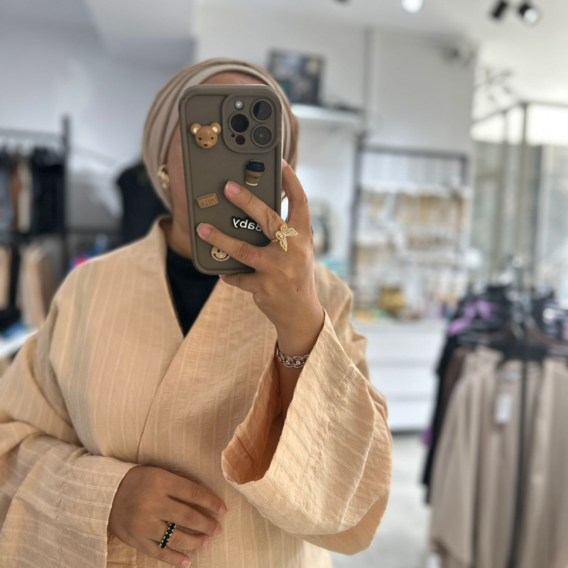 Kimono Yandan Bağlamalı Çizgili Bej - Görsel 2
