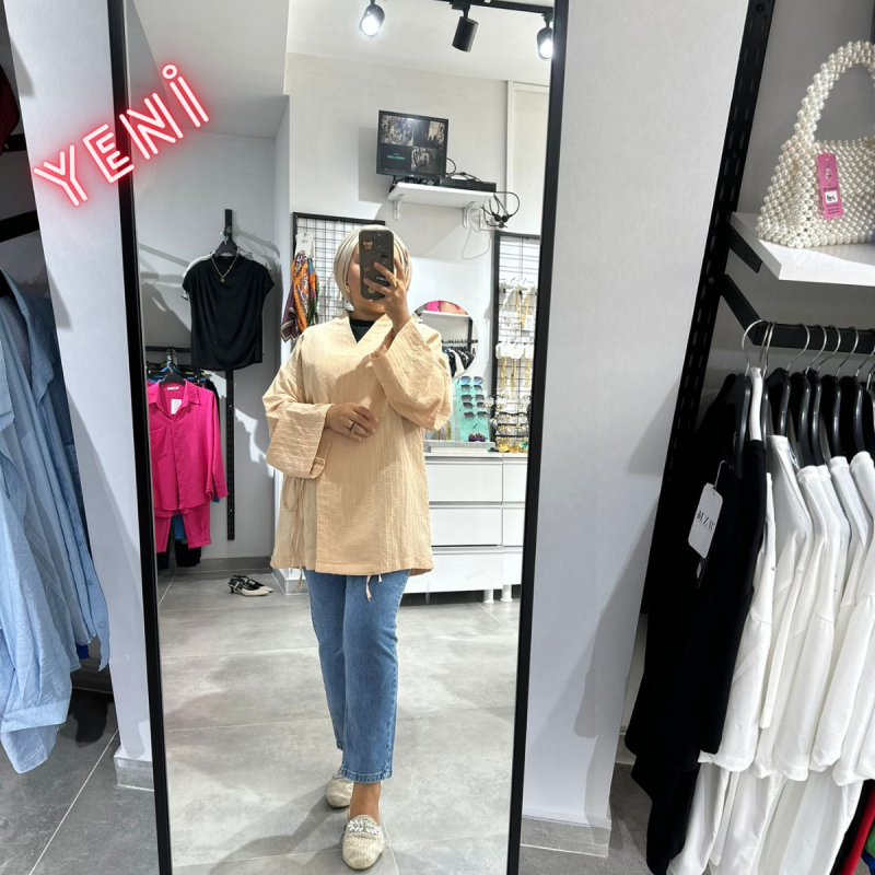Kimono Yandan Bağlamalı Çizgili Bej